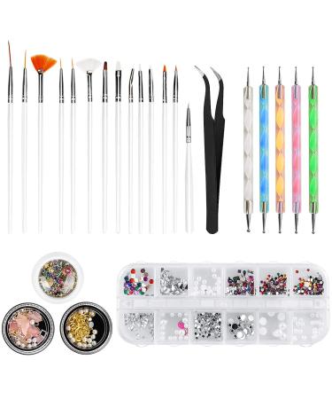 Nail Art Kit, WOVTE 15 Gel Acrylic Painting Brushes, 5 Dotting Pens, 12 Grids Nail Art Rhinestones, 2 Pack Colorful Diamonds Crystals Beads Gems Nail Art Decorations and 1 Tweezers for Nail Art DIY multi-color