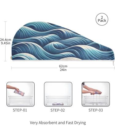 Ocean Wave Hair Towel 2 Pack - Super Absorbent Quick Dry Turbans for Women & Girls | International Shipping Available - Buy Online on GoSupps.com