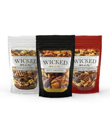 Wicked Mix Spicy Snack Mix with Mixed Nuts Gourmet White Chocolate Trail Mix Snack Packs with Almonds Cashews Pretzels Pecans - Healthy Snacks Zero Trans Fat in Resealable Bags (Chocolate Laced Pack of 3) Variety Pack