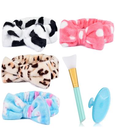 4 Pack Spa Headband MORGLES Facial Makeup Headband Bowknot Hair Bands Cosmetic Headband with 1pcs Face Mask Brush 1pcs Silicone Face Scrubbers for Women Washing Face Skincare Style 1
