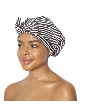 Kitsch Luxury Shower Cap for Women - Waterproof, Reusable Shower Cap for Long Hair, Fashionable Shower Cap (Black and White Stripe)
