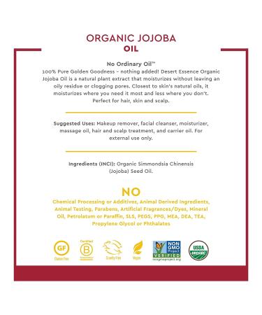 Desert Essence Jojoba Oil 4 Fl Oz - Moisturizer for Face, Skin & Hair | Cleanses Pores, Prevents Scalp Flakiness, Fights Infections | USDA Certified & Sensitive Skin Friendly - Buy Online on GoSupps.com