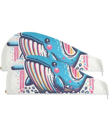 Whale Rainbow Waves Hair Towel 2 Pack - Super Absorbent Quick Dry Hair Turbans with Button Wrap for Women & Girls - Buy Online on GoSupps.com