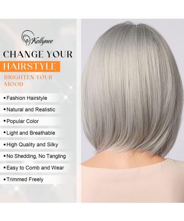 Kellynee Light Grey Bob Wig with Bangs - Short Straight Synthetic Hair Wig for Women - Heat Resistant Natural Cute Wigs for Daily, Halloween, Party & Cosplay - Buy Online on GoSupps.com
