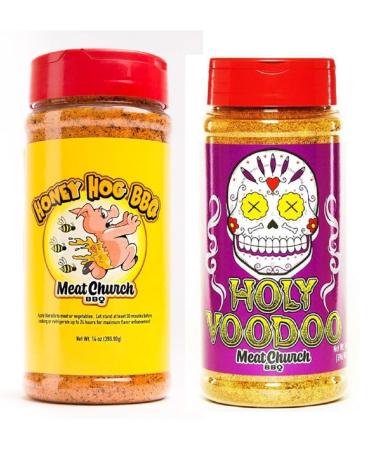 Meat Church BBQ Rub Combo: Honey Hog (14 oz) and Holy VooDoo (14 oz) BBQ Rub and Seasoning for Meat and Vegetables, Gluten Free, One Bottle of Each