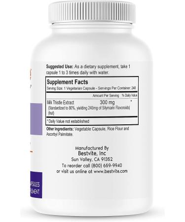 BESTVITE Milk Thistle 300mg (240 Veg Caps) - 80% Silymarin, Vegan, Non-GMO, Gluten-Free - Buy Online on GoSupps.com