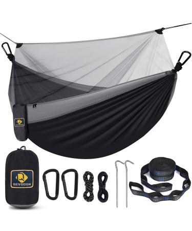 Camping Hammock with Net,Travel Portable Lightweight Hammocks with Tree Straps and Solid D-Shape Carabiners,Parachute Nylon Hammock for Outsides Backpacking Beach Backyard Patio Hiking Black & Grey