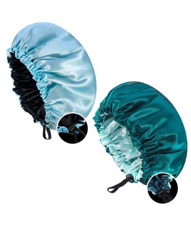Fuyamp 2 Packs Satin Sleep Cap Adjustable Silky Sleep Bonnet for Women Long Curly Hair Double-Sided Waterproof Satin Hair Cap Extra Large Sleep Satin Bonnet for Women Girls Sleeping Blue+Green