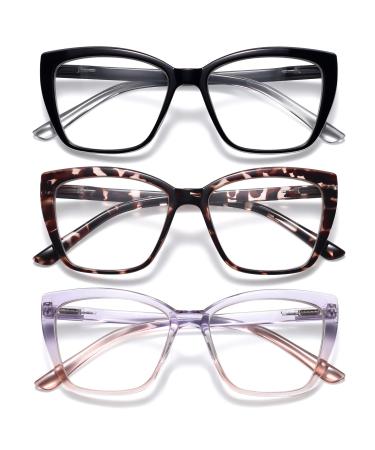 Reading Glasses Women 3 pack Fashion Oversized Blue Light Readers Women Spring Hinge Cat Eye Glasses Anti Eyestrain A1 Mix Color 1.5 x