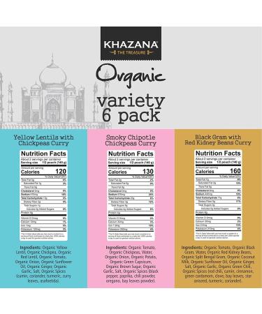 Khazana Organic Ready to Eat Indian Meals Variety Pack | 6 x 10oz Pouches | Non-GMO, Vegan, Gluten-Free & Kosher | Authentic Cuisine in 90 Seconds - Buy Online on GoSupps.com