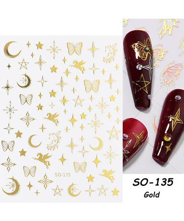 Gold Metallic Nail Art Stickers - 8 Sheets 3D Self-Adhesive Decals for DIY Manicure and Acrylic Nails - Stars, Moon, Butterfly, Heart Design - Buy Online on GoSupps.com