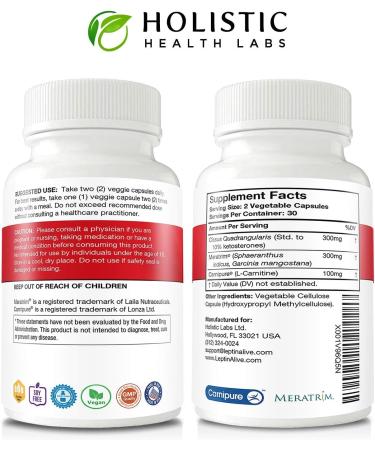 Maximum Leptin Weight Management for Women - 60 Veggie Capsules - Holistic Health Labs - MeraTrim, Carnipure, Cissus Quadrangularis - Natural Metabolism Support - Buy Online on GoSupps.com