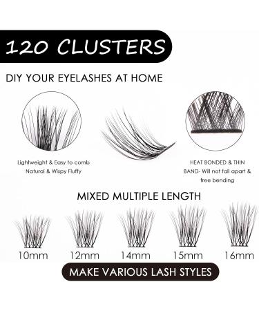 120PCS 3D Individual Cluster Eyelashes Kit - Natural Look D Curl Reusable Fluffy Extensions with Applicator and Bond - DIY Mix 10-16MM Lash Extension Set - Buy Online on GoSupps.com