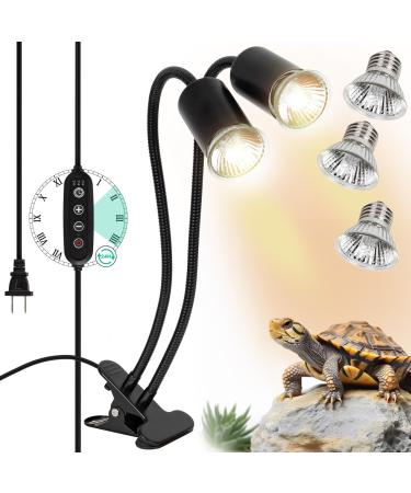 Ayuanb Reptile Heat Lamps Dual Head UVA UVB Heating Lamp with Cycle Timer Dimmable Basking Spot Lamp with Clip for Turtle Tortoise Lizard Snake Bearded Dragon and More 3 Bulbs(50W) Included