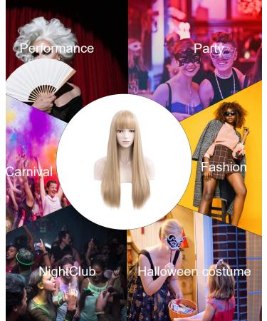 Netgo Blonde Wig with Bangs | Long Straight Ash Blonde Wig for Women | 27 Inch Heat Resistant Synthetic Hair Wig for Cosplay & Halloween - Buy Online on GoSupps.com