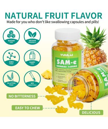 Pack of 2 SAM-e Gummies Sugar Free 1600mg SAM e Supplement with L-Tyrosine Vitamin B Complex & NAC CoQ10 Pineapple Flavor 120 Count 120 Count (Pack of 1) - Buy Online on GoSupps.com