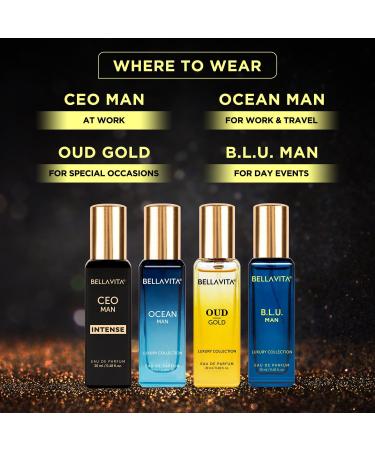 Luxury Collection Eau De Parfum (4x0.68 fl. oz.) | Cologne set for Men | 4 in a box - Perfume Set for men | OUD GOLD OCEAN B.L.U & CEO Intense | Perfect for gifting - Buy Online on GoSupps.com