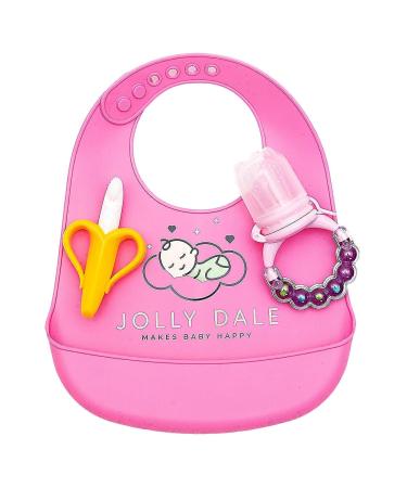 Jolly Dale Baby Teething & Feeding Set with Silicone Baby Bucket Bib Baby Banana Teether & Baby Mesh Food Feeder Pacifier - Soft Food-Grade Silicone -Perfect Teether Kit for Babies & Toddlers PINK