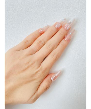 Long Square Stiletto Glitter Diamond Pearl Floral Rose Fake Press On Nail Set