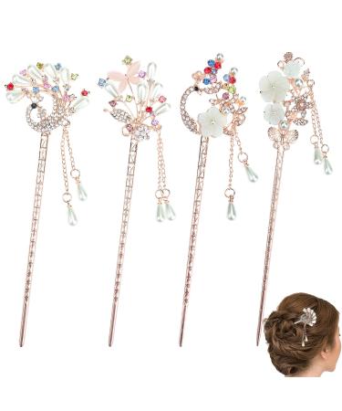 Kukiwhy 4 Pcs Rhinestone Pearl Flower Hair Stick Chinese Hair Chopsticks Vintage Tassel Hair Pin Chignon Pin Chopsticks Hair Styling Hair Making Accessories for Women (4 style)