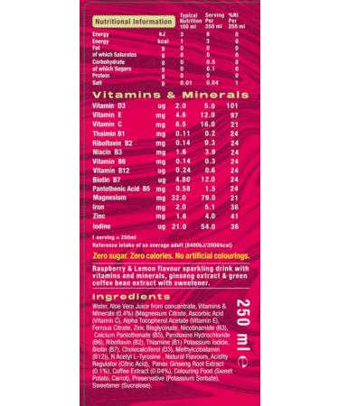 NOOX Revive Vitamin & Nootropics energy drink Raspberry & Lemonade Flavour 12 x 250ml Caffeine + L-Tyrosine Magnesium Zinc Panax Ginseng B Vitamins Vitamin C Low Calories Vegan Gluten free - Buy Online on GoSupps.com