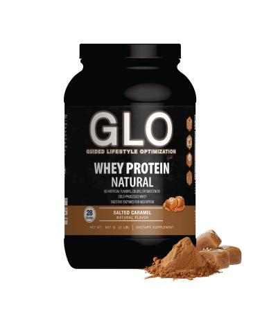 GLO Health Foods Cold-Processed Whey Protein - Salted Caramel Flavor - 24g Protein per Serving - Whey with Digestive Enzymes & BCAAs - Supports Muscle Growth, Strength & Recovery - 2 LB (28 Servings)