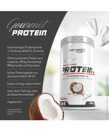 Best Body Nutrition Gourmet Premium Pro Protein Shake - Coconut Flavor | 4 Protein Sources: Caseinate Whey Concentrate Whey Isolate Egg Protein | 500g Can - International Shipping Available - Buy Online on GoSupps.com