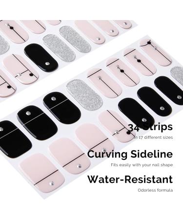 NAILOG Semi Cured Gel Nail Strips 34 pcs Salon-Quality Gel Nail Stickers Long Lasting Nail Wraps for Women with Soft Gel Finish Black & Pink Timeless Strings - Buy Online on GoSupps.com