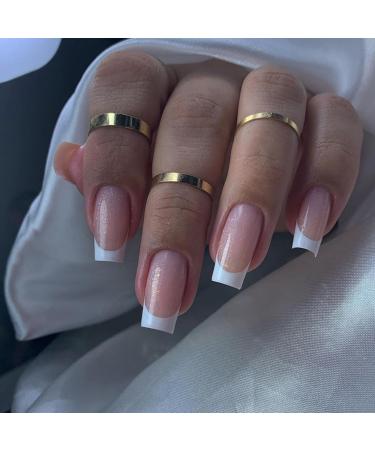 French False Nails Long 24Pcs Nude French Fake Nails Coffin Press on Nails Pattern Glitter French Nail Tips with Nail Glue Full Cover Stick on Nails for Women Girls Nails Art Nude Glitter