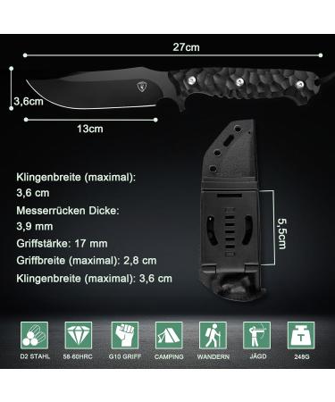 Aubrey Black Swallow Outdoor Knife - D2 Steel Blade G10 Handle | Sharp Hunting & Camping Knife with Kydex Sheath - Perfect Survival Gift - Buy Online on GoSupps.com