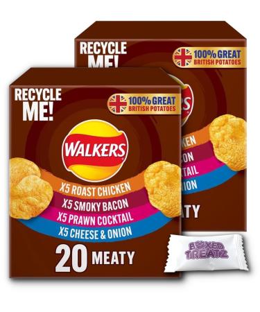 Walkers Meaty Variety Crisps 25g Bags Multipack Of Walkers Meaty Variety Crisps Smoky Bacon Roast Chicken Prawn Cocktail Cheese & Onion 1 Box Of 20X25g Boxed Treatz (20)