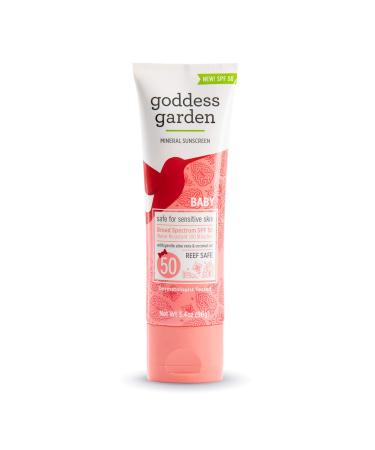 Goddess Garden - Baby SPF 50 Mineral Sunscreen Lotion - Sensitive Skin  Reef Safe  Sheer Zinc  Broad Spectrum  Water Resistant  Non-Nano  Vegan  Leaping Bunny Cruelty-Free - 3.4 oz Tube