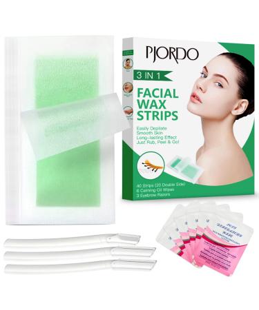 Pjordo Facial Wax Strips - 40 Pcs Face Wax Strips Facial Hair Removal for Women  Gentle Face Hair Remover for All Skin Types  At Home Waxing Kit with 6 Pcs Calming Oil Wipes & 3 Pcs Eyebrow Razors
