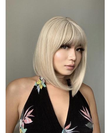 Platinum Blonde Bob Wig with Bangs - 12 Inch Heat Resistant Synthetic Wig for Daily & Party Wear - Buy Online on GoSupps.com
