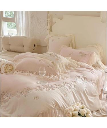 Rose Flowers Embroidery Romantic French Lace Ruffles Bedding Set Plush Warmth Velvet Fleece Duvet Cover Set Bed Sheet Pillowcase Bedding Set (Pink Flat Sheet Style_Queen) - Buy Online on GoSupps.com