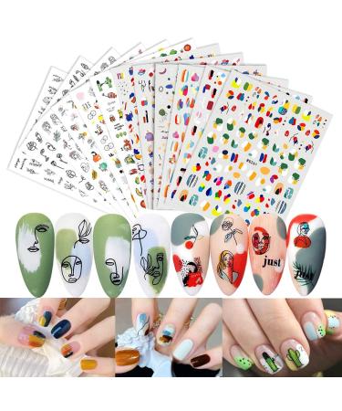 RosinKing Nail Art Stickers Nail Decals Designer Nail Foil Abstract Face Curve Graffiti Nail Designs 3D Self-Adhesive Nail Stickers for Nail Art Supplies (12 sheets nail stickers Mixed Color)