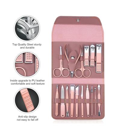 Leipple Professional Manicure Pedicure Kit - 16 Piece Stainless Steel Nail Care Tools in Travel Case (Pink) - Buy Online on GoSupps.com
