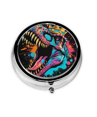Crown Dinosaur Head Portable Metal Pill Box Round Mini 3-Compartment Plastic Insert hinged Fastening Design Suitable for Small Pills Must-Have for Travel