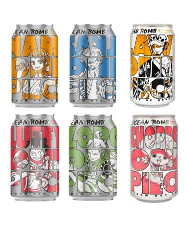 ONE PIECE x YHB Ocean Bomb 6 Assorted Flavours Sparkling Soda Water Drink 330ml - Straw Hat Crew: Law Luffy Nami Zoro Sanji Chopper (Pack of 6)