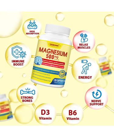 10-in-1 Magnesium Complex Supplement Magnesium Glycinate 500mg with Citrate & Malate Chelated High Absorption Plus Vitamin D3 & Zinc - for Nerve Muscle & Bone Support - 120 Capsules 120 Count (Pack of 1) - Buy Online on GoSupps.com