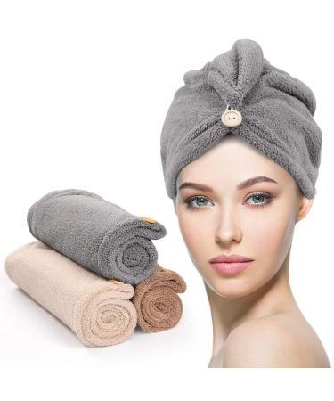 Microfiber Hair Towel 3 Pack, YFONG Hair Towel with Button, Super Absorbent Hair Towel Wrap for Curly Hair, Fast Drying Hair Wraps for Women, Anti Frizz Microfiber Towel Gray & Camel & Brown - Buy Online on GoSupps.com