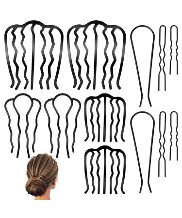 12 Pcs Hair Side Combs  Hair Fork Clips  Hair Pins Combs  French Twist Updo Hair Accessories Combs  U-Shape Teeth Hair Styling Combs Tool for Vintage Hairstyle Women Girls Bun - Black