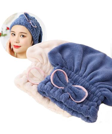 Jseng 2PC Microfiber Hair Drying Caps, Extrame Soft & Ultra Absorbent, Fast Drying Hair Turban Wrap Towels Shower Cap for Girls and Women Blue+beige