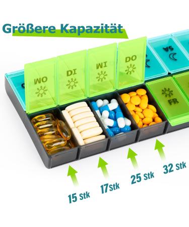 Moisture Festival XL 7-Day Pill Organizer - 14 Compartments for Vitamins Supplements & Medications - Green - Buy Online on GoSupps.com
