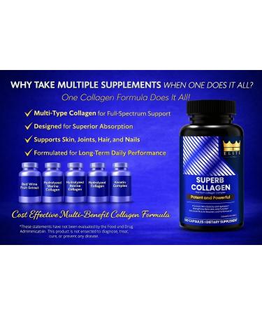 Crown Elite Superb Collagen | Multi-Type Premium Collagen Supplement | Supports Skin Hydration Hair Growth Joint Flexibility & Bone Strength | Non-GMO Grass-Fed | 180 Capsules for Women & Men - Buy Online on GoSupps.com