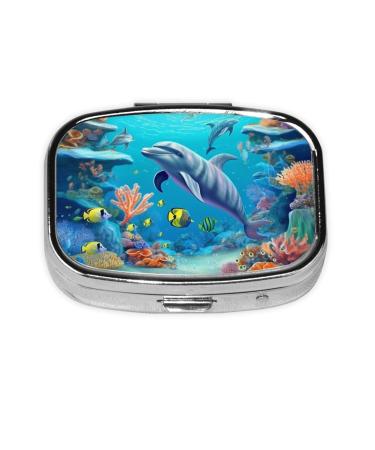 Seabed Coral Fish Dolphins Printing 2 Compartment Small Pill Case Cute Small Pill Box Purse Pill Boxs Travel Pill Organizer for Pocket Purse and Travel Gifts