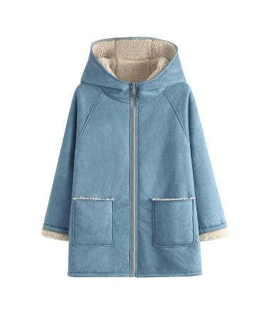 Hanxiulin fleece plush jacket fluffy warm zipper wool jacket women fleece jacket down jacket transition jacket breathable fleece buffer coat with hooded buffer jacket transition blue m