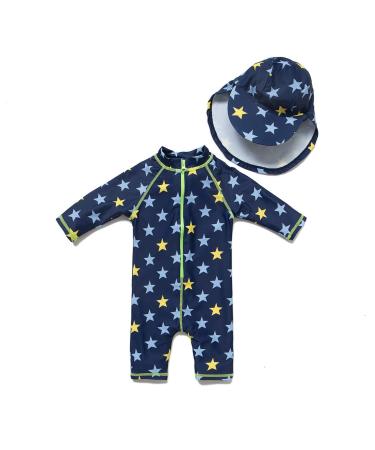 BONVERANO Baby Boys Swimsuit Toddler Bathing Suit Short-Sleeve Zipper One Piece Swimwear with UPF 50+ Sun Protection 9-12 Months Yellow Star