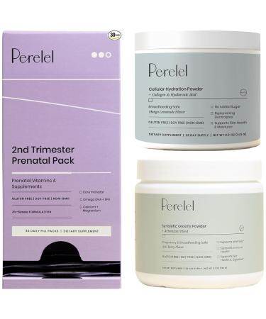 Perelel 2nd Trimester Glow Bundle 2nd Trimester Prenatal Vitamin Pack Synbiotic Greens Powder & Cellular Hydration Powder