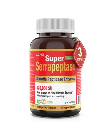 Herba Serrapeptase 120 000 SU - 90 Vegetable Capsules | High Potency Proteolytic Enzyme Supplement | Helps Reduce Pain and Swelling | 120000 Units (SPU) | 60mg | Made in Canada